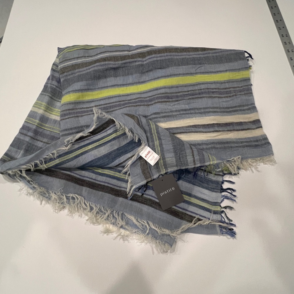 Pistil Malia Scarf Blue Striped Cotton Lightweight Wrap Frayed Fringe NWT